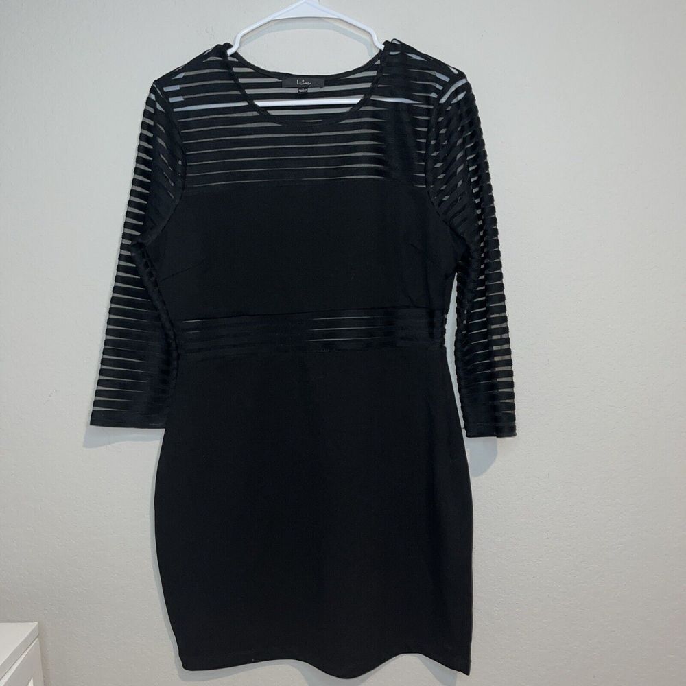 NWOT Lulus Womens Large Perfect Mesh Black Bodycon Dress Stretchy 3/4 Sleeve